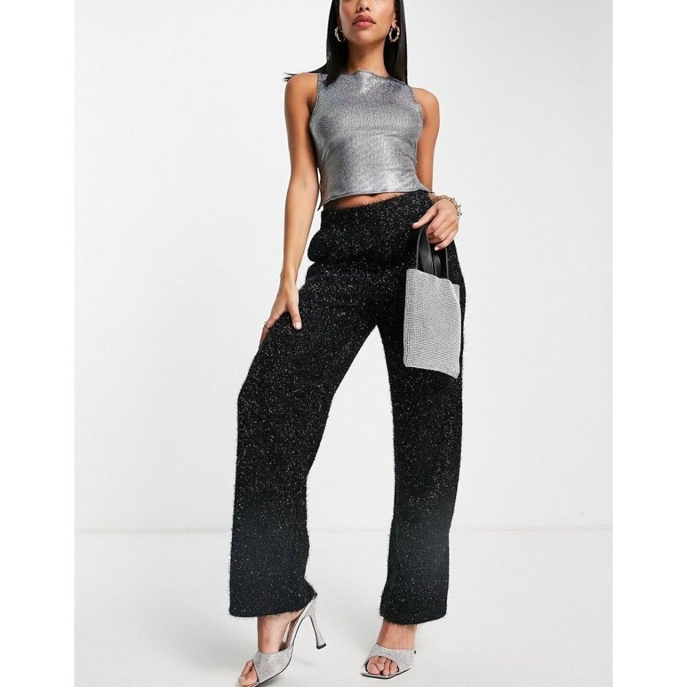 NWT Vero Moda fluffy wide leg pants in black glitter Size XL
